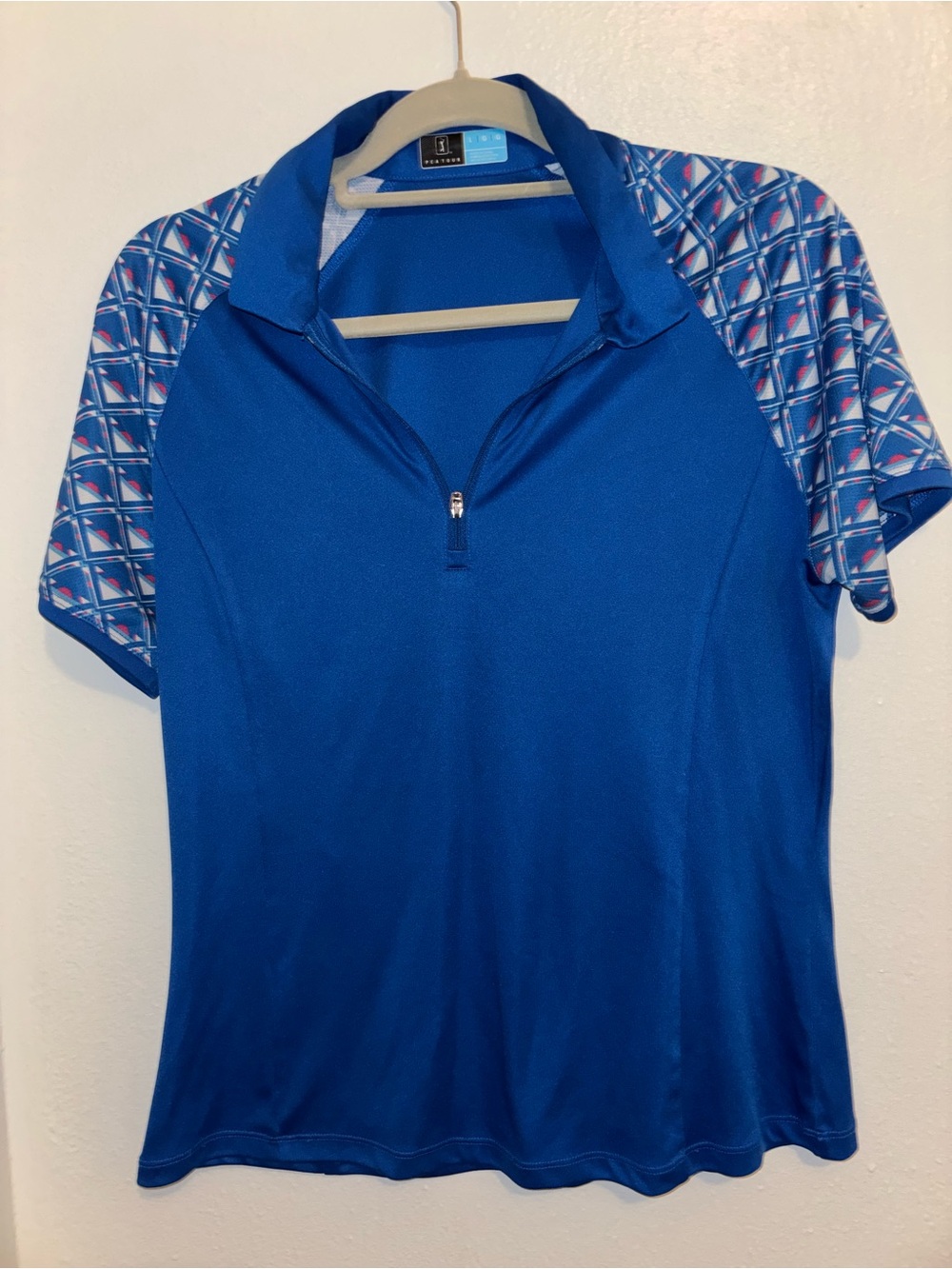 PGA Tour Blue Short Sleeve Polo with Patterned Sleeves XL but fits like L